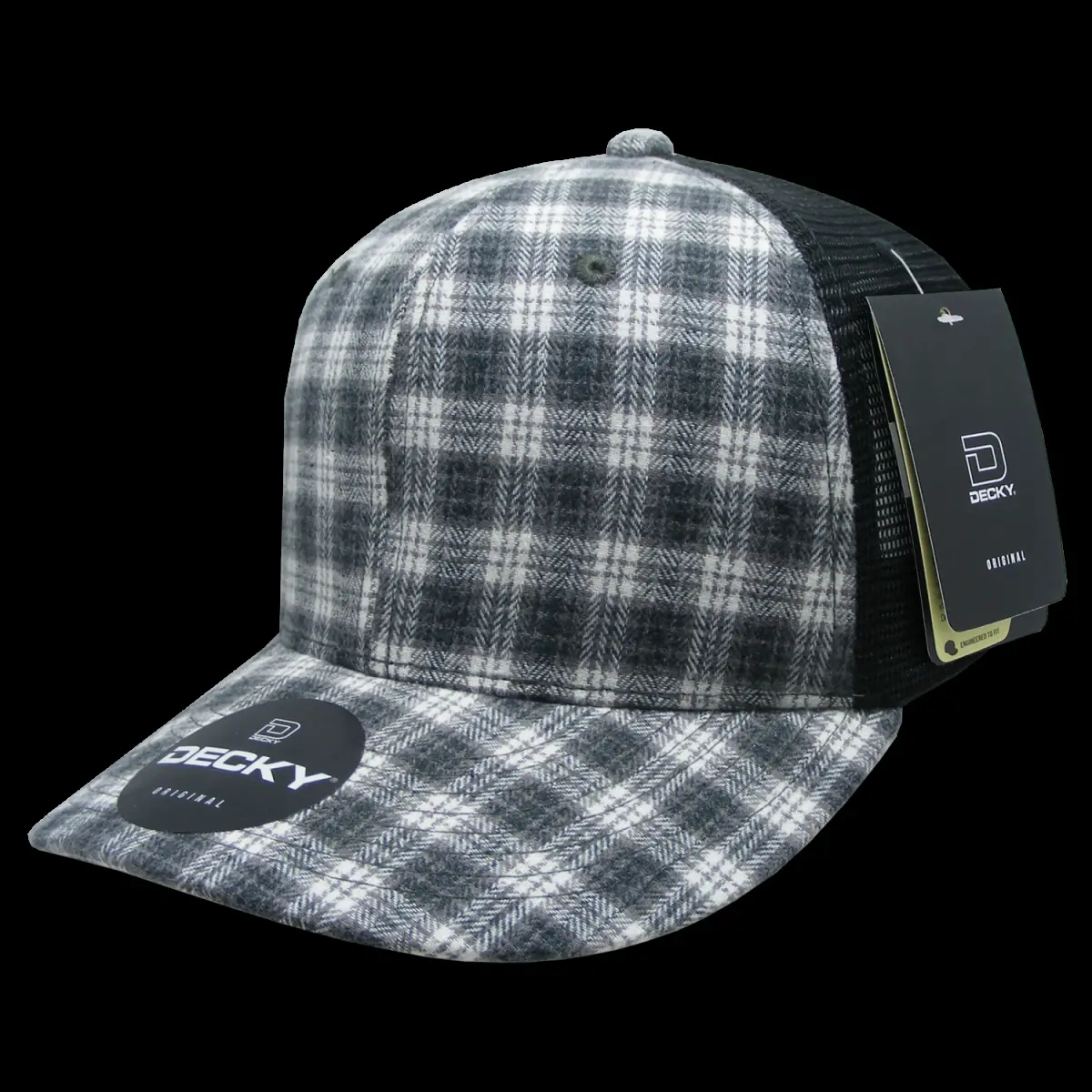 DECKY 212 MAIN Dog & Cat Trucker Cap - Unisex Casual Everyday Vintage Cotton-Nylon Plaid Print 6-Panel Mid-Profile Structured Mesh Hat, 6018-214 Black, Classic Snapback Closure, 1 Size Fits Most