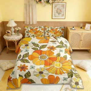 Feelyou Queen Bedding Sets - 70s Trippy Daisy Retro Floral Duvet Comforter Set, Watercolor Yellow Flower Green Leaf Soft Breathable Bedding, Lightweight Floral Blanket for Kids