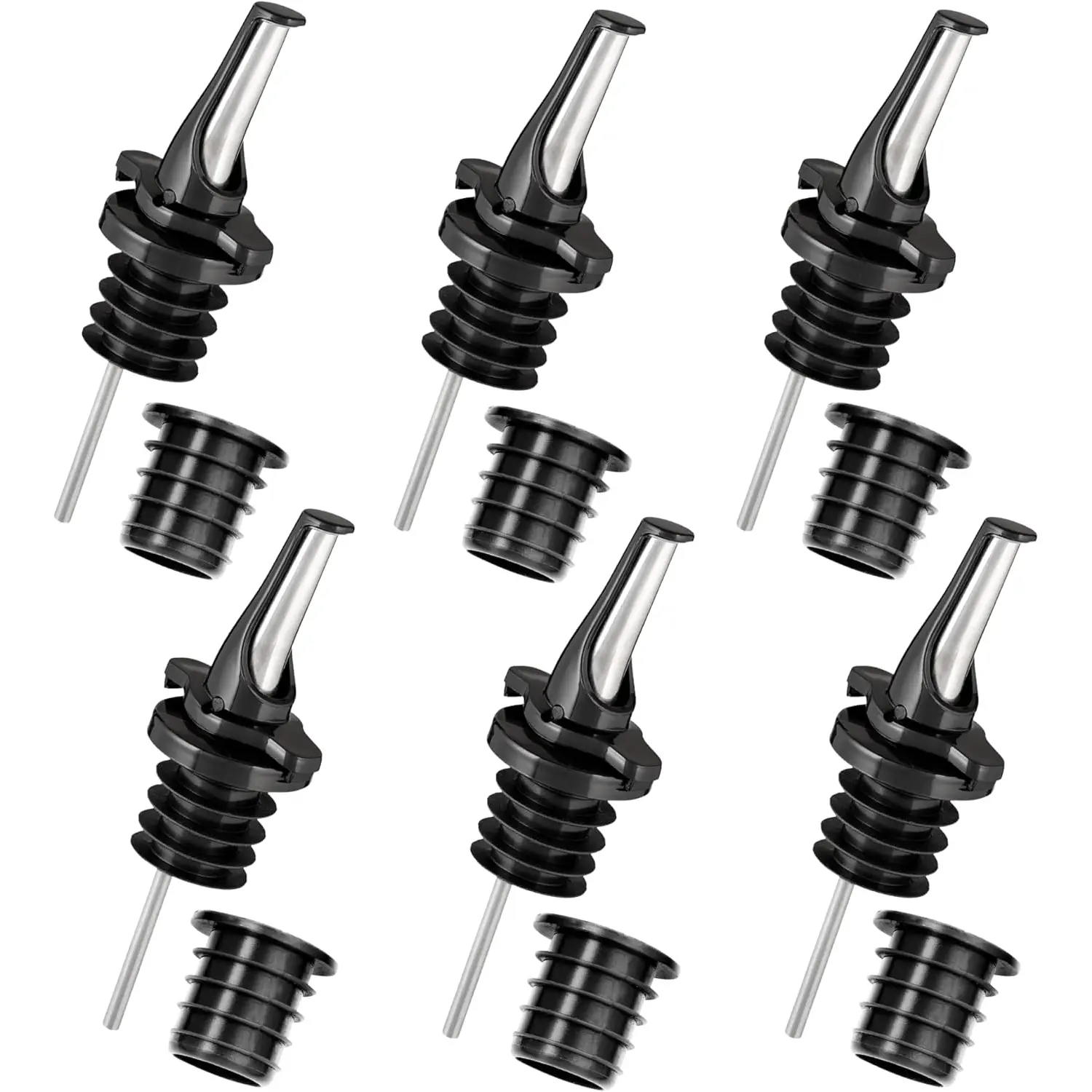 3-In-1 Liquor Pour Spout with Built-In Fruit Fly Protection - Dishwasher Safe Hygienic Alcohol Speed Spouts - Also for Olive Oil, Juice, Syrup. Black 6 Pack with 6 Adapters for Large Neck Bottles Poura