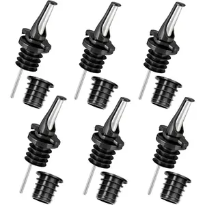 3-In-1 Liquor Pour Spout with Built-In Fruit Fly Protection - Dishwasher Safe Hygienic Alcohol Speed Spouts - Also for Olive Oil, Juice, Syrup. Black 6 Pack with 6 Adapters for Large Neck Bottles Poura