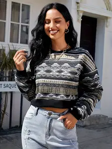 ZAFUL Women's Tribal Ethnic Graphic Cropped Knitwear Bohemian Long Sleeve Pullover Sweater Boho Drop Shoulder Knitted Top