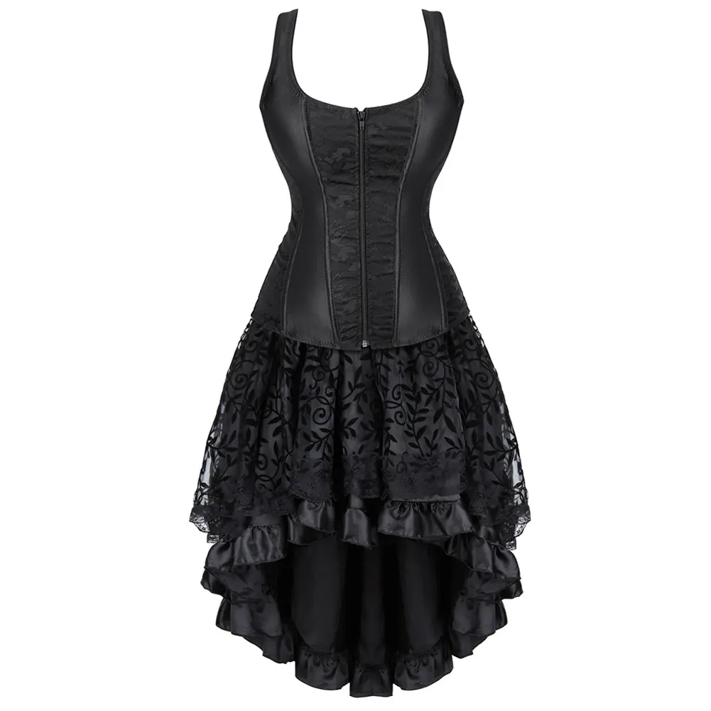 Women's Gothic Corset Dress in Vintage Lace, Victorian Steampunk Costume with a Zipper Bustier and High Low Skirt for Parties, Clothes, Square Neck, Accessories, All Seasons, Bustier Cut, Strap, Lady, Sleeveless, Halloween, Polyamide, Hand Wash Only, Flor