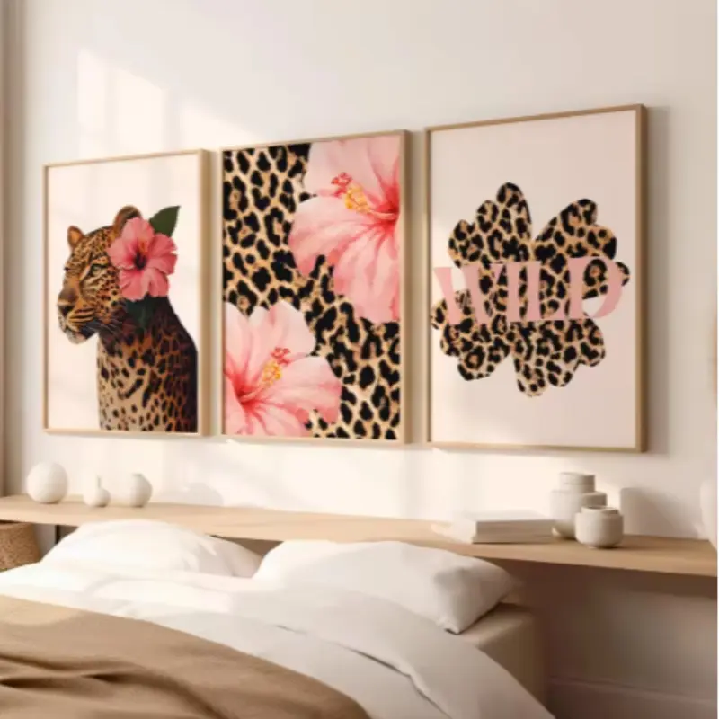 3pcs Leopard Print Canvas Wall Art, Floral Leopard Print Lily Flower Animal Prints, Artistic Hawaiian Aloha Tropical Home Decor Poster, Decoration Unframed