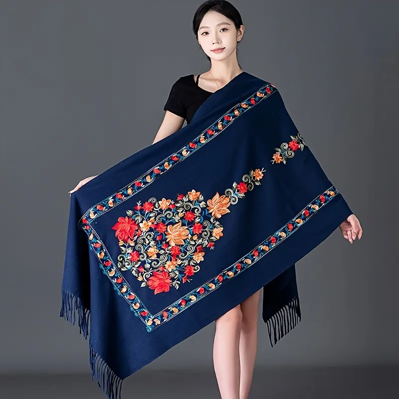 Women's Nepalese Wind Cashmere Boho Style Scarf - Embroidered Wealth Tree Shawl, Large Soft Warm Thick Casual Outfit Accessory