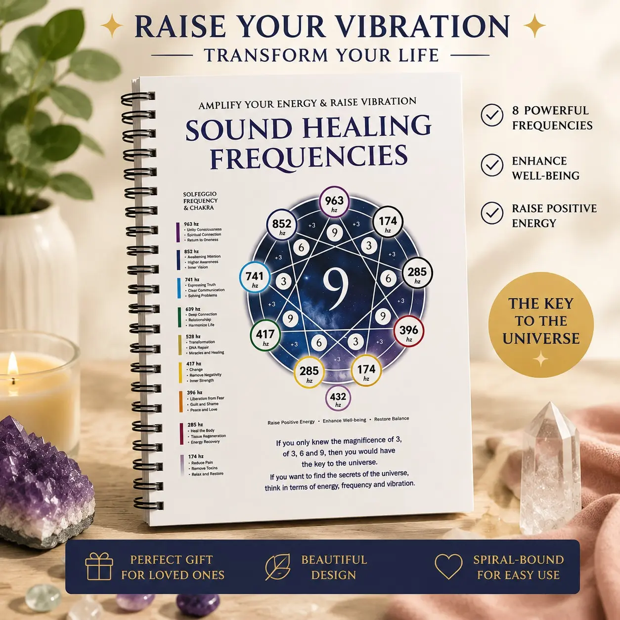 Sound Healing Frequency Notebook, Sol Frequency Chakra Guide, Spiral Bound Energy Boost Manual, Sound Healing + Chakra Balance Handbook, Solfeggio Frequencies