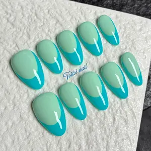 Color Block French Handmade Press-On Nails | Long Almond Shape, 10pcs | Fresh Retro Style | Multiple Color Options with Contrast French Tips | High Gloss Finish | Reusable DIY Nail Kit for Spring | Trendy Versatile Look