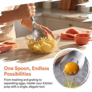 5-in-1 Stainless Steel Potato Masher & Kitchen Helper | Food Grade Heavy Duty Multifunctional Masher, Egg Separator, Garlic Grater & Slotted Spoon, Perfect for Mashed Potatoes, Baby Food, Avocado & Veggies, Rust-Proof, Dishwasher Safe Easy Storage