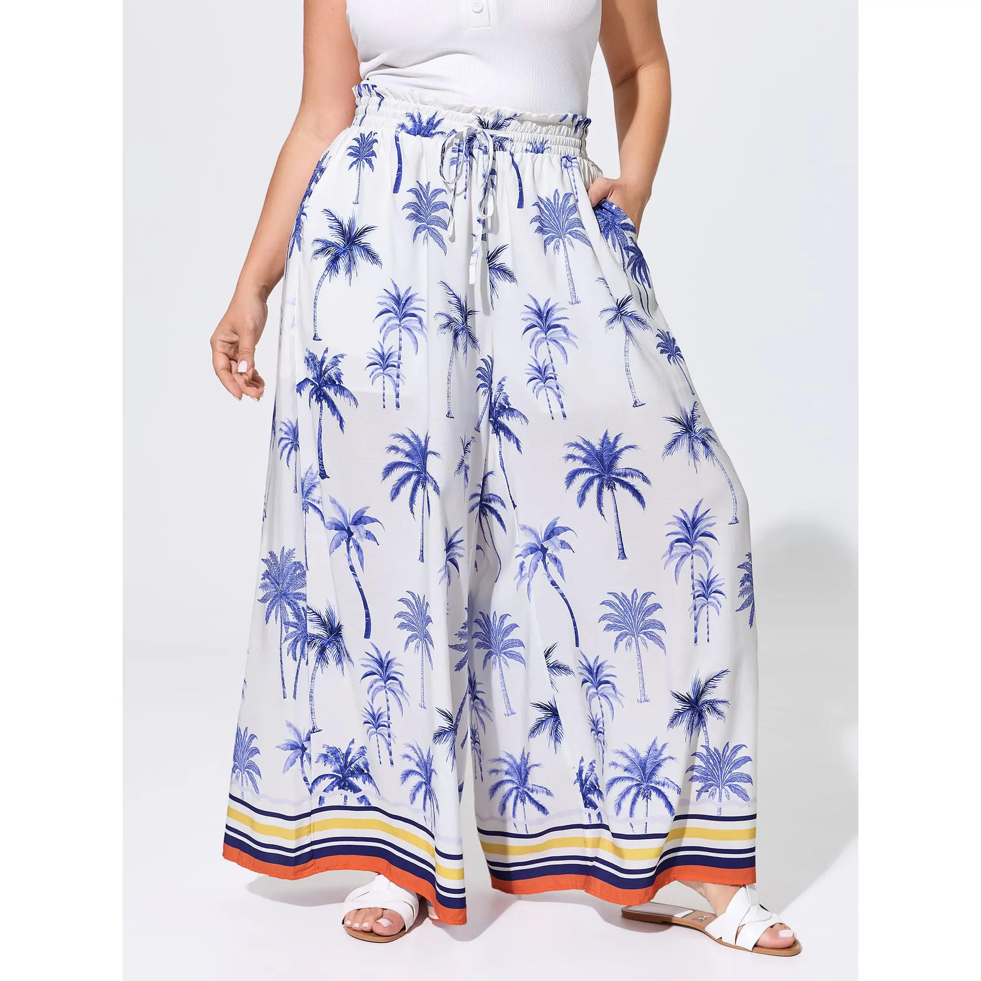 BloomChic Plus Size Bohemian Tropical Print Loose Wide Leg Pants in Smooth Rayon with a Shirred Waist and Ruffles, Baggy, Garment, Oversized, Bottom, Fabric, Pocket, Multicolor, Lady, Mid Rise, Loose Pants, Plus Size Basics, Oversized Baggy, Machine Wash,