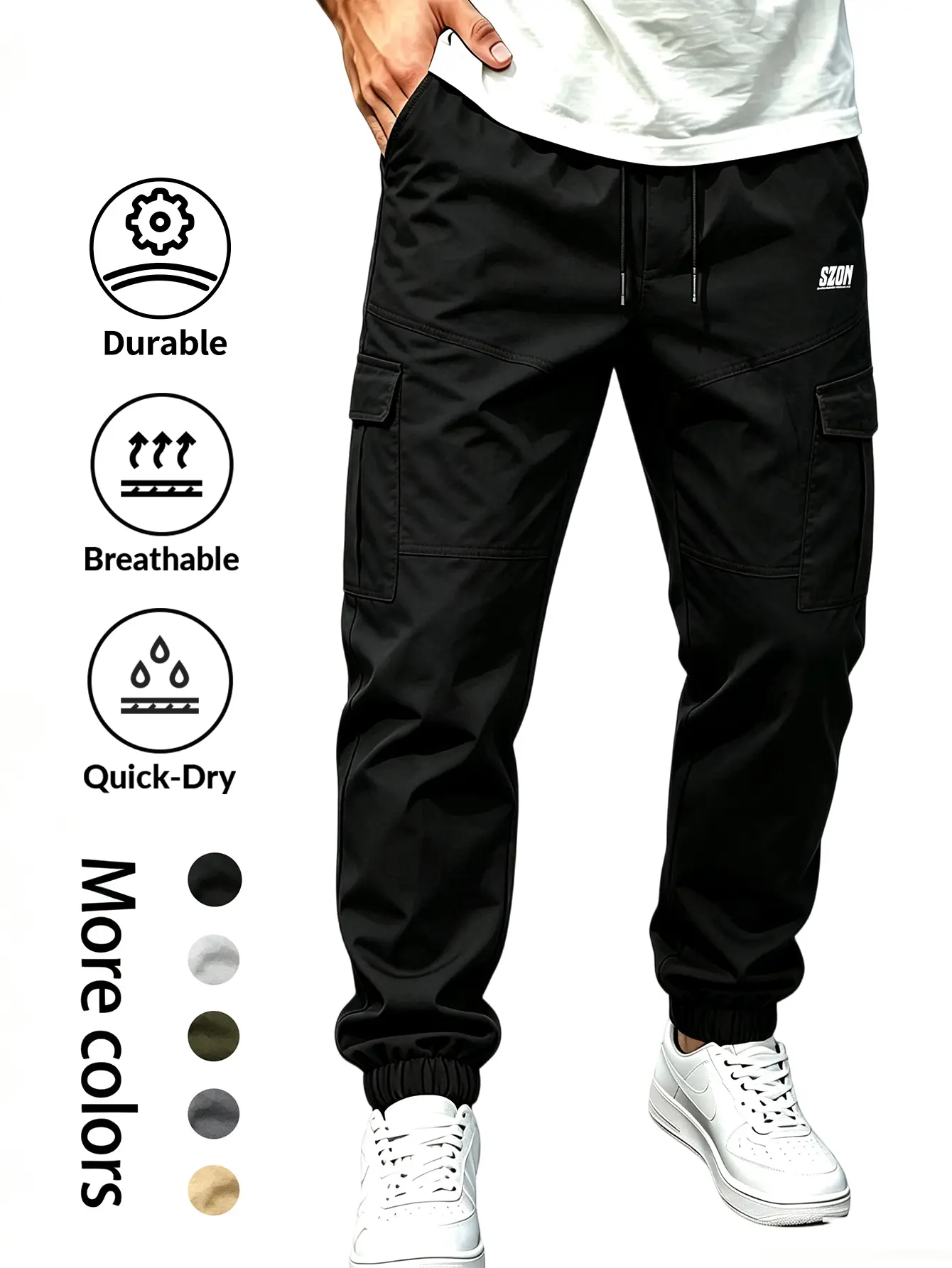 Men’s Durable Quick-Dry Polyester Cargo Joggers - Tapered Utility Pants with Elastic Waistband, Utility Pockets, Breathable Fabric, Graphic Print for All-Season Everyday & Outdoor Wear