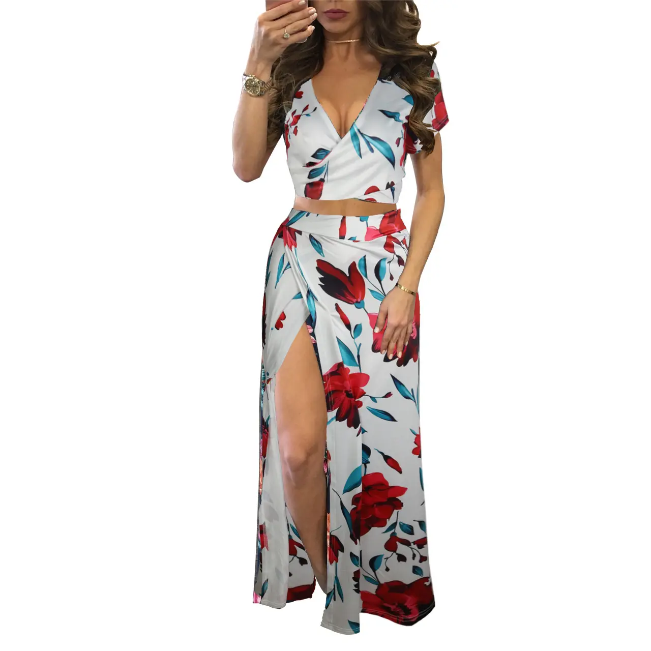 Women Floral Two Piece Maxi Dress Set Summer Vacation Outfits High Slit Long Skirt and V Neck Crop Top Sexy Beachwear Matching Set Women Floral Two Piece Maxi Dress Set Summer Vacation Outfits High Slit Long Skirt and V Neck Crop Top Sexy Beachwear Matching Set