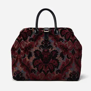 Women's Burnout Velvet Revival Sepia Mary Poppins Weekender, Floral Embossed Genuine Leather Handbag for Travel, Genuine Leather Handbags