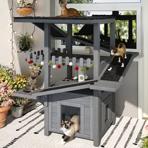 Aobtkel ® 4 Tiers Outdoor Cat House Weatherproof Cat Tree Tower with Waterproof Roof and 2 Doors , Feral Cat Shelter Outside Enclosure, Multi-Level Play Zones with Balcony, for Small Animals, Grey#Summervibes