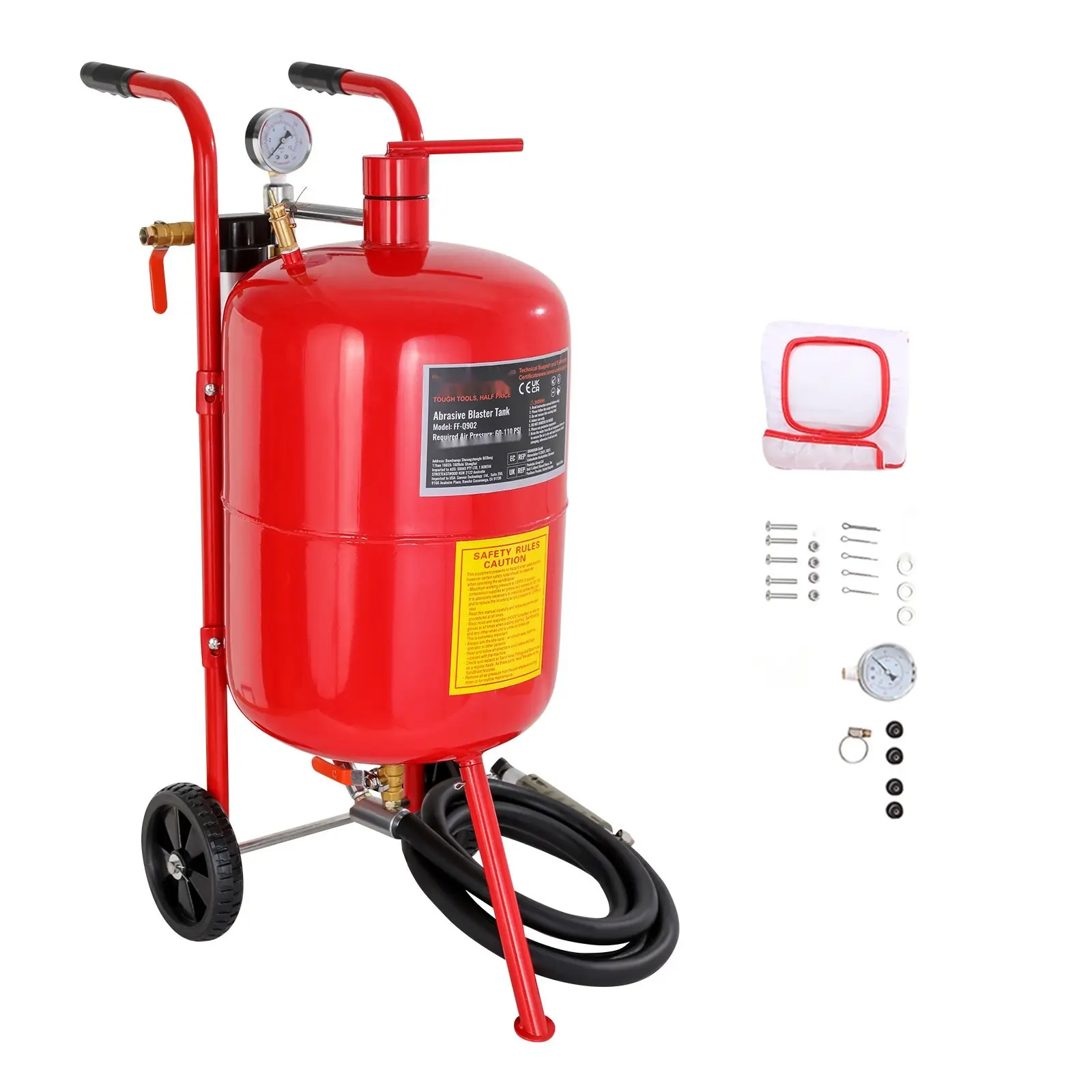 10-Gallon / 40-Liter Sandblaster Portable Equipment With Nozzle Shut-Off Valve, Pressure Gauge, Ceramic Nozzle, Rubber Wheels, Grit Power Sand Blaster For Abrasive Blasting, Surface Preparation, Paint Removal