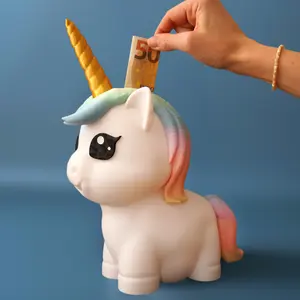 Umi The Unicorn Piggy Bank - Adorable Pastel Design with Glittery Accents & Easy Coin Access - Perfect Gift for Kids & Adults - Encourages Smart Saving & Fun Decor Piece 3D Printed Lightweight Durable Ornaments Piggybank