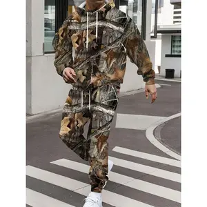 [2pcs Leaf Print Hooded Sweatshirt and Sweatpants Set] Men'S Camouflage Leaf Print Hooded Sweatshirt and Sweatpants Set, Polyester Knit Fabric, Regular Fit, with Applique Detail, for Spring/Fall Casual Hoodie and Joggers