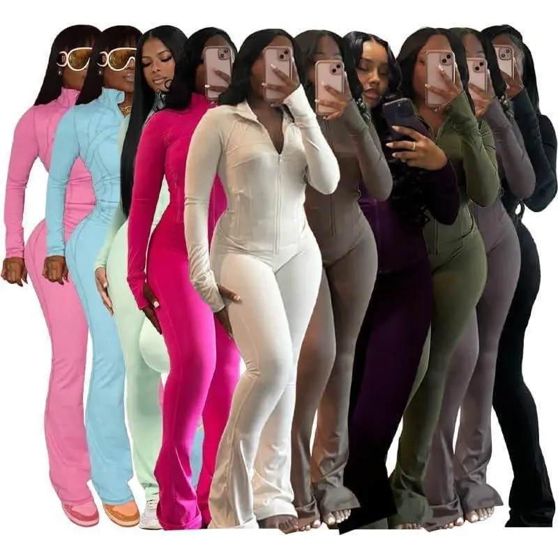 Women's 2-Piece Lounge Set, Stretchy Athleisure Tracksuit with Zip-Up Crop Jacket and Flare Pants, Casual Activewear for Yoga & Gym, Casual Athletic Sportswear, Athleisure Gym Clothes, Gym Clothes Workout