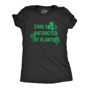 Womens Easily Distracted By Plants T Shirt Funny Garden House Plant Lovers Graphic Novelty Tee for Women Funny Womens T Shirts Cute Vintage Fashion Casual Ladies T-Shirt Gift Funny Environmental Top Women's Black