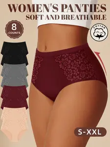【Soft Cotton】 MEIYATING  Women's High-Waisted Thong Underwear, 8-Pack, Waist Cinching, Fitted, Lace Trim, Breathable, All Seasons, Sizes S-Xxl