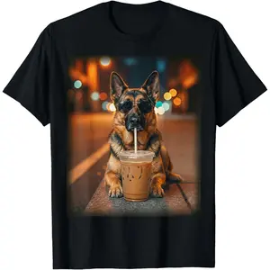 100% Cotton Printed Street-Style T-Shirt Funny German Shepherd Drinking Iced Coffee Dog Meme Humor T-Shirt