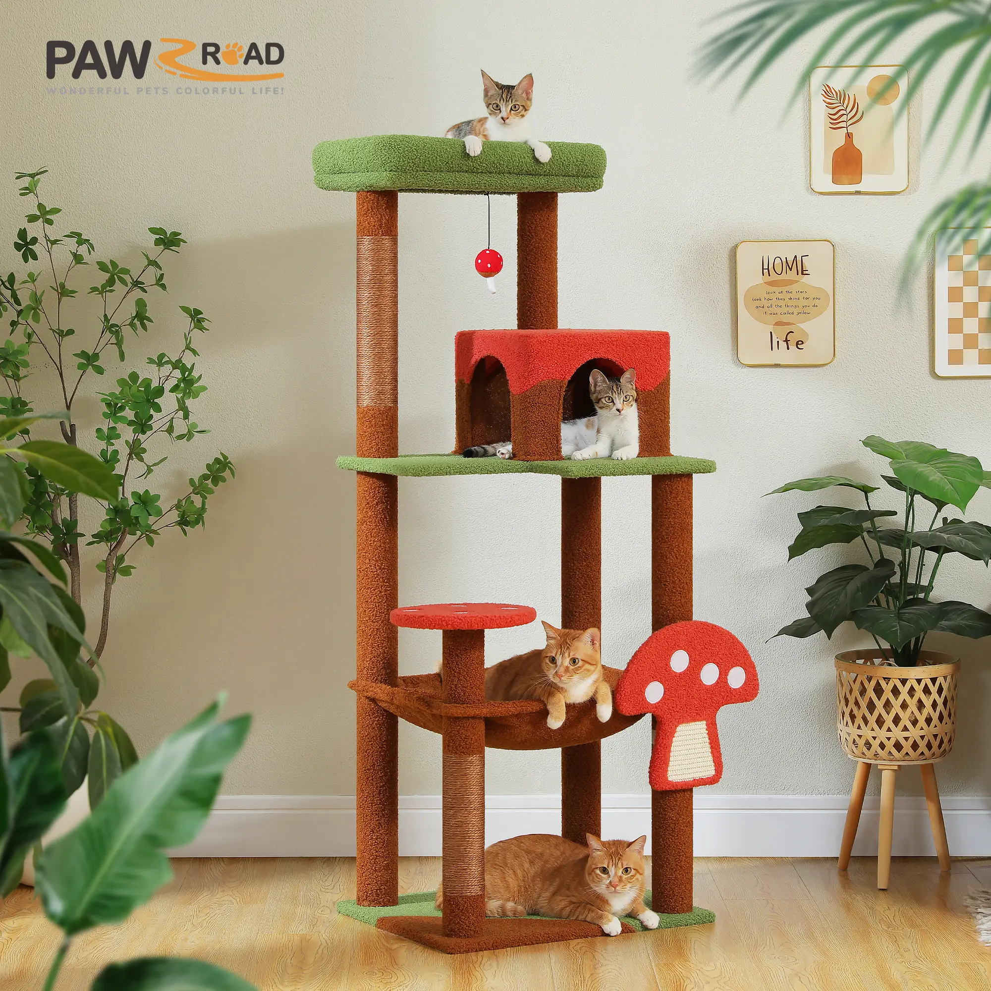 PAWZ Road Cat Tree for Large Cats with Big Hammock, 56.3-Inch Cat Tower with 2 Door Condo House, 6-Tier Cat with Scratching Posts and Top Perch