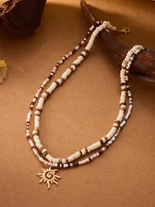 2 Piece Coconut Shell Wood Beads Mala Sun Pendant Necklace Set, Handmade Boho Jewelry for Women, Unique Gift Idea