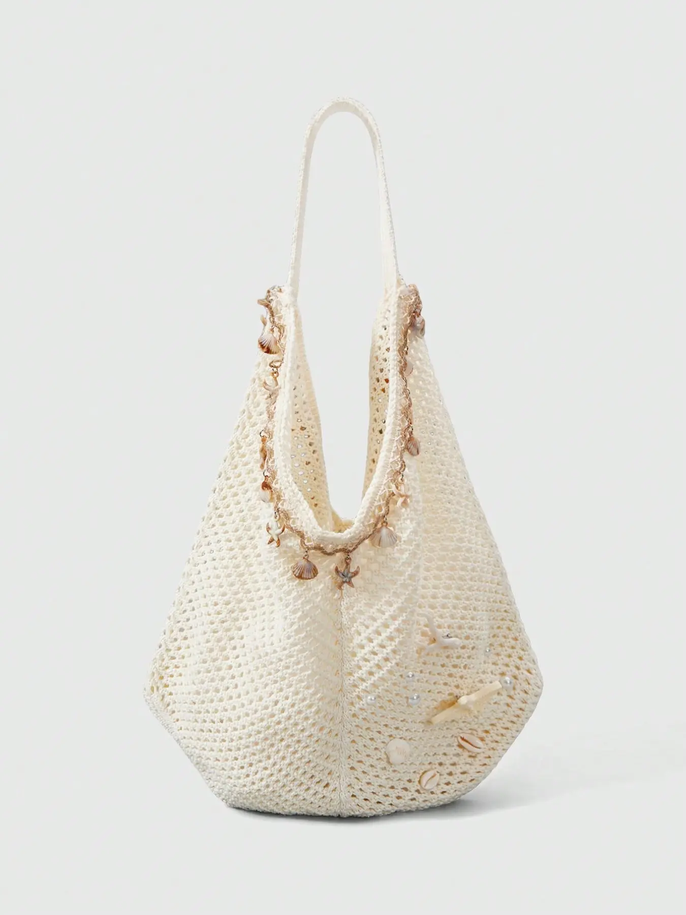 Boho Style Handwoven Crochet Shoulder Bag, Multifunctional Large Capacity, Starfish Shell Coral Pearl Design, Perfect for Travel Shopping Social Events