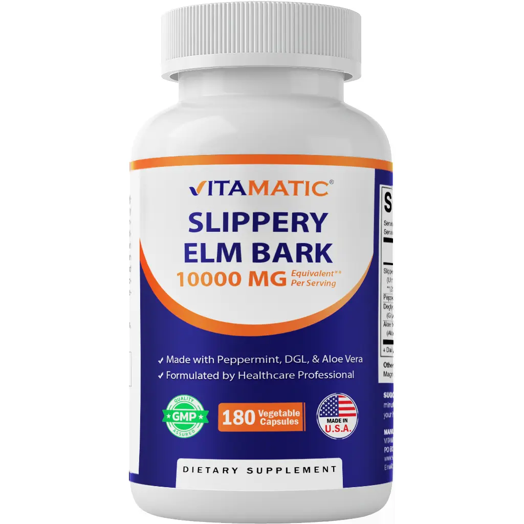 Vitamatic Slippery Elm Bark 20:1 Extract, 10000 mg Equivalent Strength Per  Serving, Made with Peppermint, DGL, & Aloe Vera - 180 Veg Capsules - TikTok  Shop