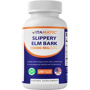 Vitamatic Slippery Elm Bark 20:1 Extract, 10000 mg Equivalent Strength Per Serving, Made with Peppermint, DGL, & Aloe Vera - 180 Veg Capsules