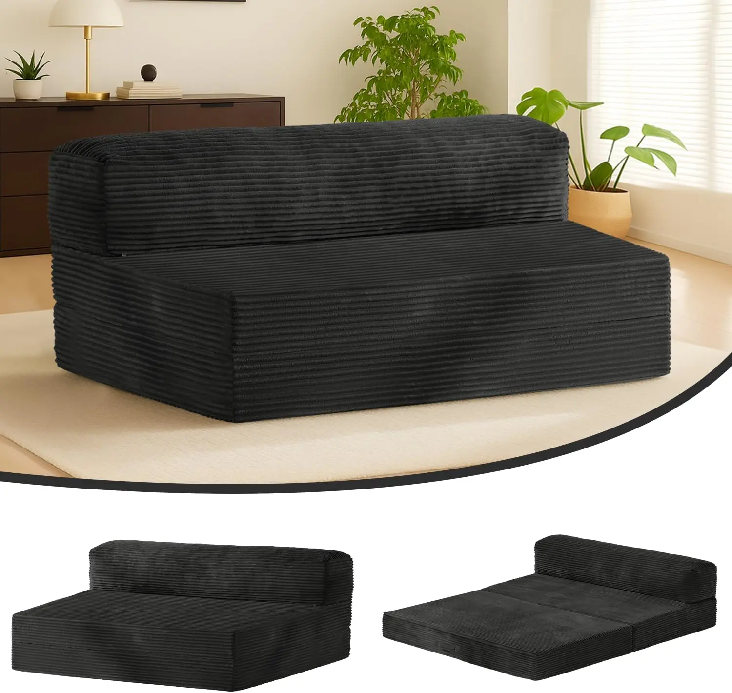 WINZOO Full Size Folding Futon Sofa Bed - 6in Convertible Corduroy Floor Couch with Removable Cover, High-Density Foam Pull-Out Furniture for Small Spaces