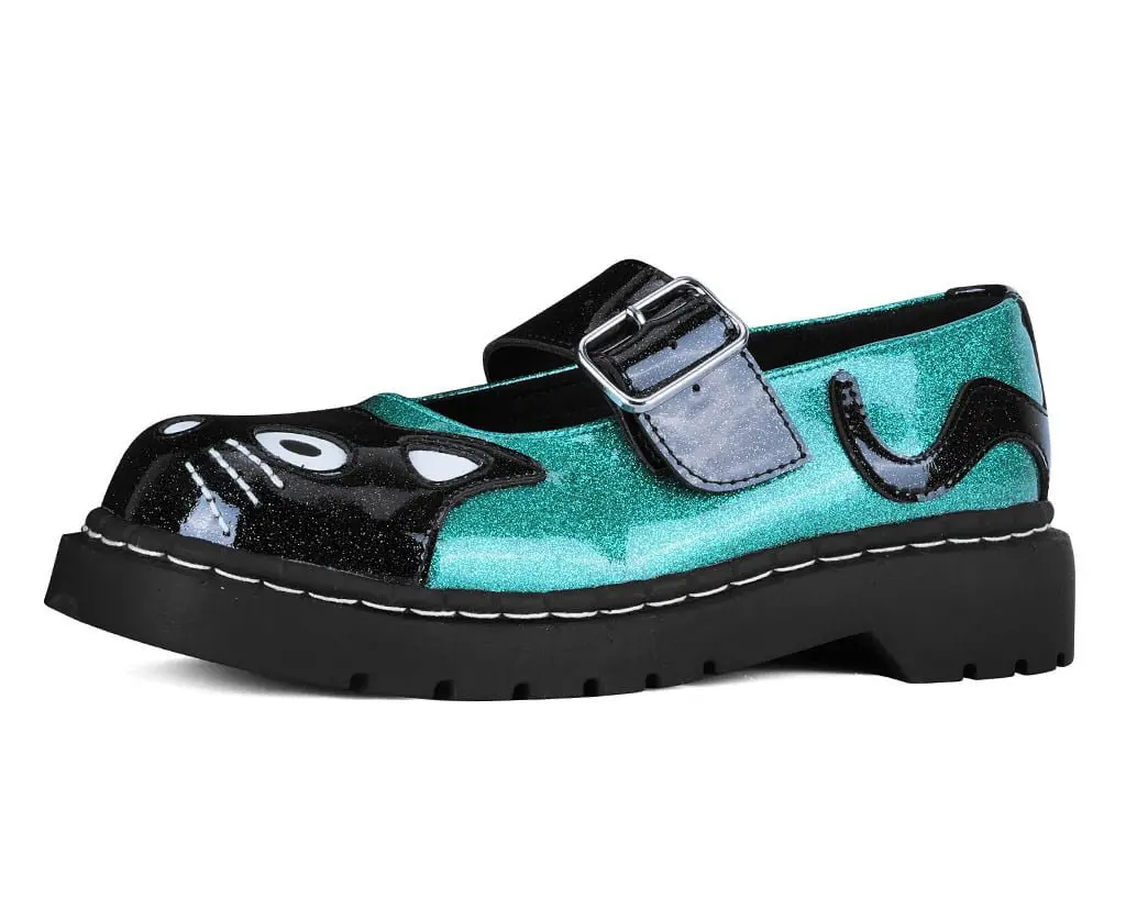 Black & Teal Vinyl Glitter Kitty Mary Jane