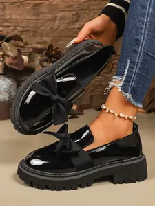 Women's Bowknot Chunky Loafers, Slip-On Platform Flats, Casual Thick Sole Shoes for Daily Wear, Work & Street Style, Casual Trendy Flat, Bowknot Design Shoes