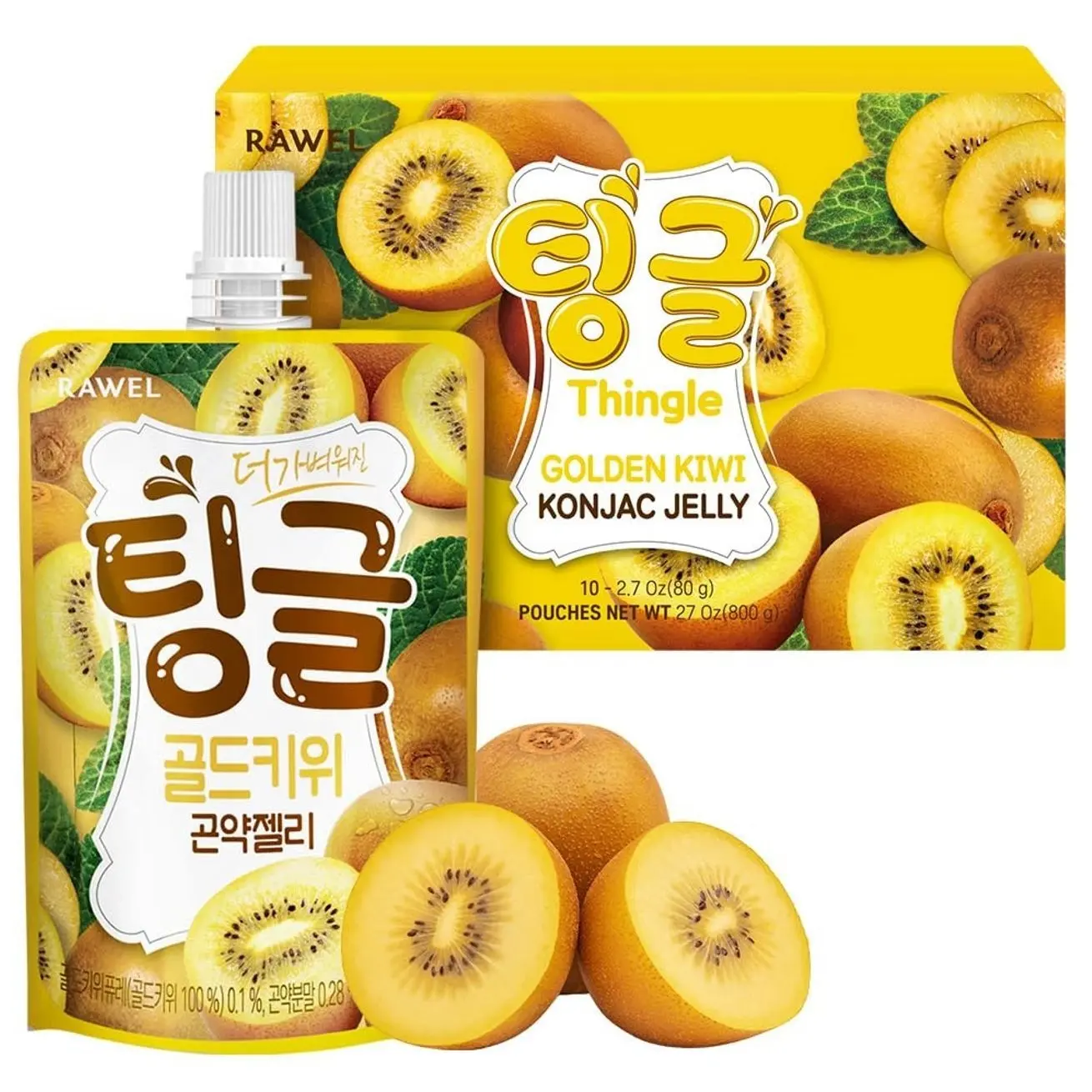 Rawel Thingle Delicious Konjac Jelly 1box (80g x 10packs) / 6 Calories per pouch/Sugar Free/Low Calories/Fruit Flavor Jelly with low carb/Drinkable Zero Sugar Jelly Dessert (Golden Kiwi)