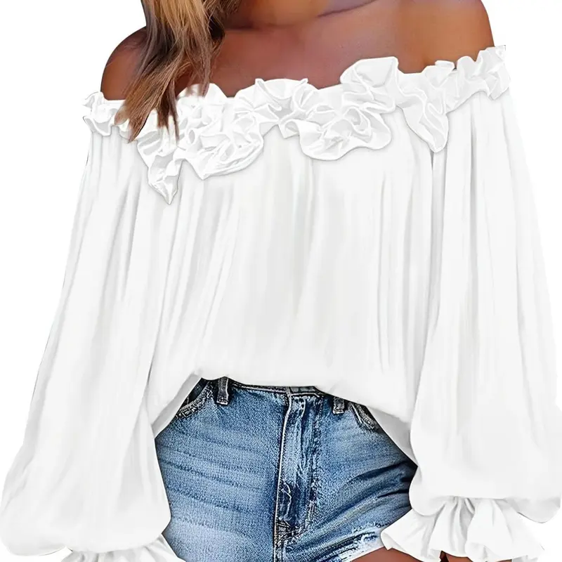Plain Off-Shoulder Boho Ruffle Blouse Plus Size Casual Puff Long-Sleeve Ruffled Tops, Womenswear, Lightweight Breathable Fabric, Y2K Summer Outfits, Comfortable Relaxed Fit Work Casual Shirts for Women, Chic Stylish Frill Detail Daily Blouse, Elegant Cute