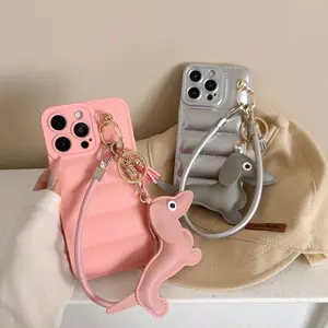 Stylish and unique puffer phone case with dachshund decoration & leather lanyard, full shockproof, durable and portable for daily use. Compatible with iPhone 11, 12, 13, 14, 15, 16, 17 Pro/PLUS/PM.