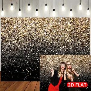 Gold Shimmer Party Theme 2D Flat Banner, Polyester Material, Metal Grommets, Elegant Sequins, Wedding, Birthday, Photo Backdrop