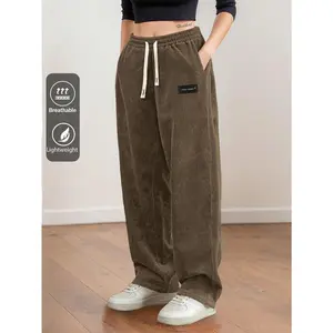 Corduroy Straight Leg Pants for Women with Drawstring Elastic Waist, Perfect for Casual, Sports, Hiking, Spring & Autumn Bottoms