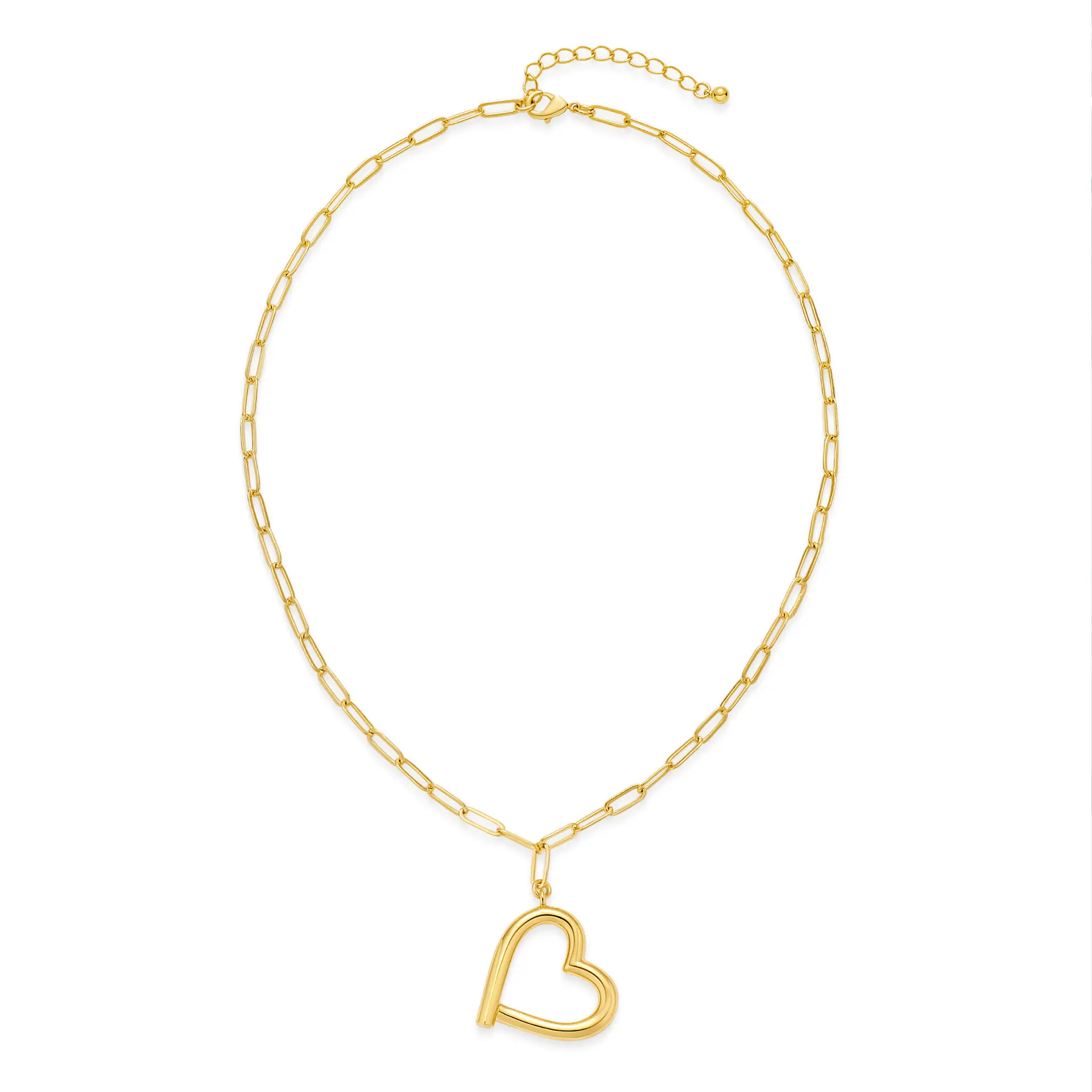 Women's 14K Gold Plated Open Hollow Heart Necklace - Dainty Paperclip Chain, Polished Metal Coating, Gold Aesthetic Everyday Minimalist Layering Jewelry Gift