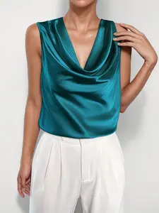 Women's Teal Satin Cowl Neck Sleeveless Blouse, Elegant Drape Front Tank Top, Workwear & Casual Dressy Top for Office & Evening, 2026 New