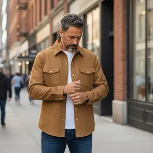 Men's Long Sleeve Casual Loose Suede Wool Jacket Fabric Menswear Light brown/pecan