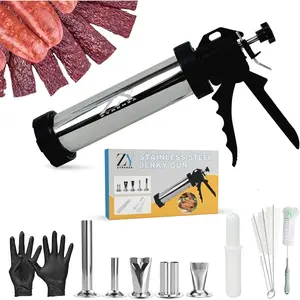 Professional Jerky Gun Kit – Stainless Steel Beef Jerky Maker Machine with 5 Nozzles, 1 Meat Pusher, 5 Cleaning Brushes (2 sets), Sausage Shooter Accessories, and a bonus pair of gloves