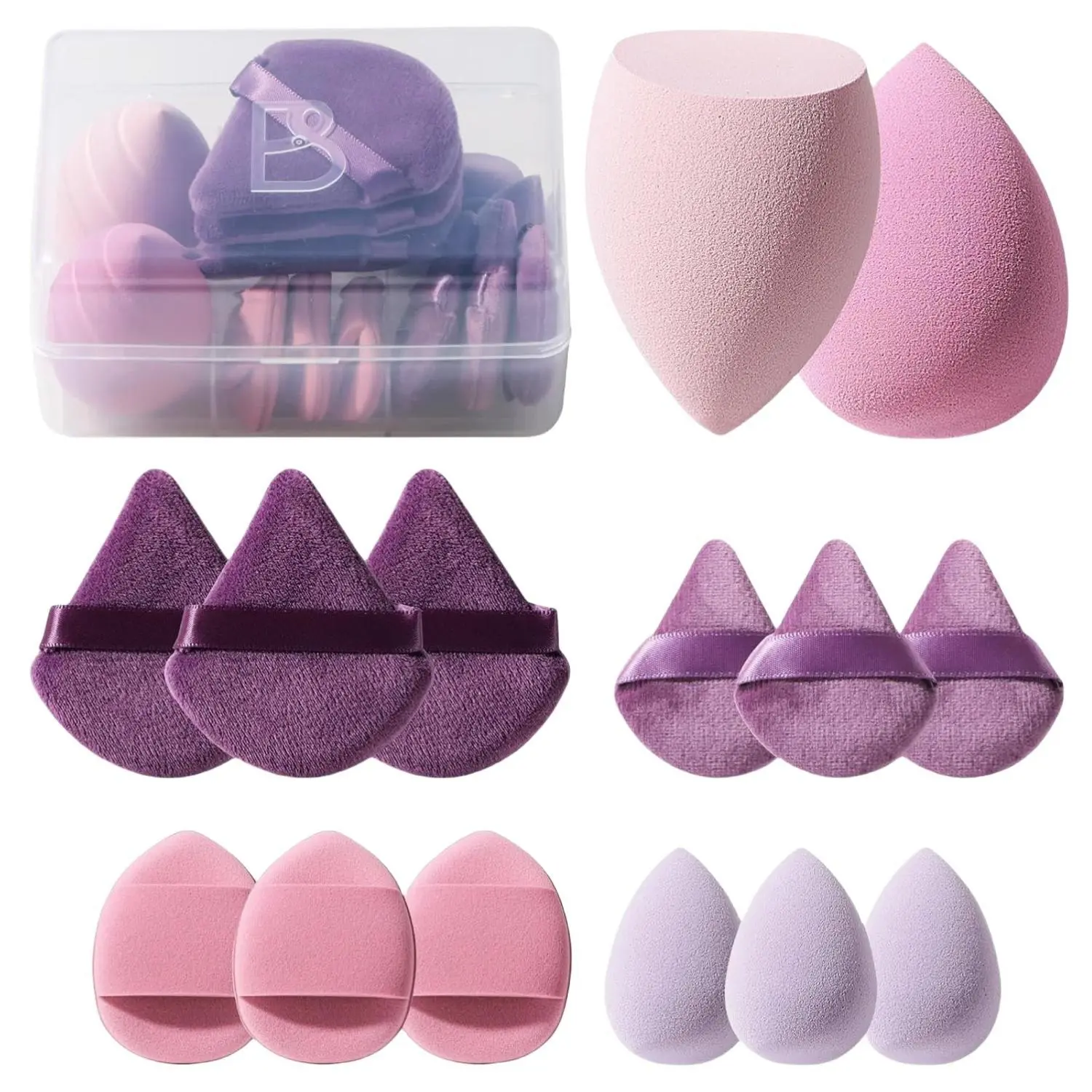 14PCS Makeup Sponge Set with Triangle Puffs and Mini Blenders for Liquid Cream and Powder Application with Travel Case