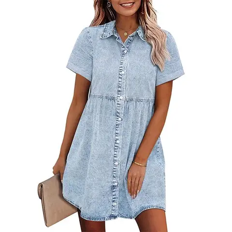 GRAPENT Women's Collared Short Sleeve Denim Shirt Dress - Button Down, Plain, High Waist, Tiered Above Knee Fit & Flare Babydoll, Cotton Denim Fabric, Breezy, Soft, Casual Daily Wear for Women