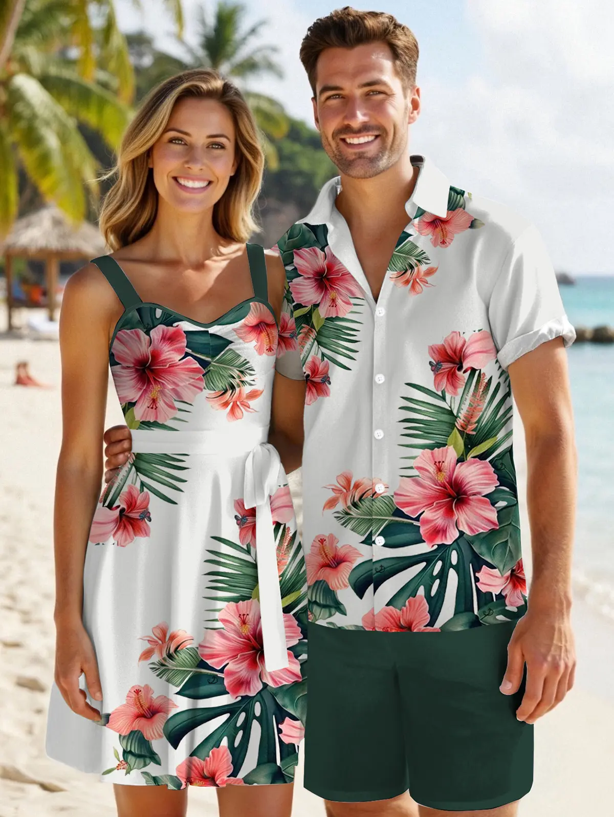 Chic Couple Outfits, Romantic Floral Print Beach Vacation Set with a Women's Ruched Sweetheart Sleeveless Dress & Men's Shirt with Drawstring Shorts, Chic Couples Clothing Sets, Glamorous Couples Clothing Sets