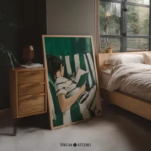 Book Lover Cat Print, Minimalist Modern Abstract Art, Emerald Green Reading Woman Art, Couch Club, Room Decor, Unframed