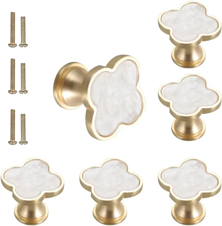 6 pcs Brass Four-Lf Clover Knobs Handle,Gold Cabinet Knobs Cabinet Drawer Dresr Furniture Kitchen Wardrobe Bathroom Decorative Door Pulls inc Alloy Single Hole Handle(White)