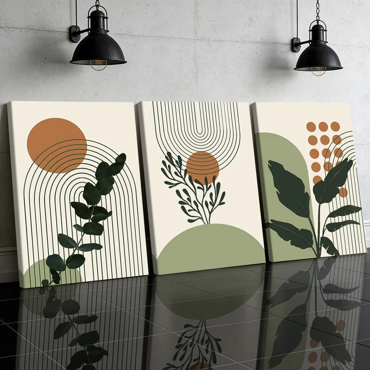 3-Pack Wood Frame Canvas Posters, Nordic Minimalist Plant Art, Morandi Geometric Wall Decor, Waterproof, Modern Home Decoration