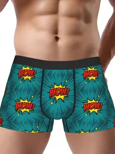 BIIHUDU Comic Underwear - Superhero Graphic Briefs with WOW! Text - Non-Transparent Full Coverage - Turquoise & Red Explosion