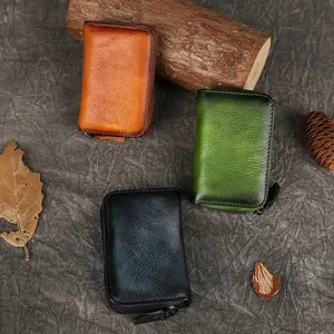 Leather zipper card clip layer, cowhide mini card clip, multiple card slots, solid color, retro soft touch wallet