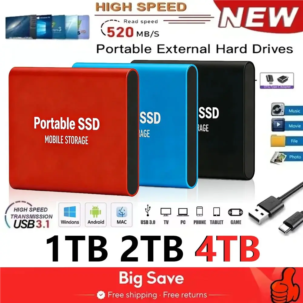 memory card Genuine Portable SSD 1TB High Speed External Hard Drive 2TB/4TB USB 3.2 Hard Disk 16TB Mass Solid State Drive for Laptop/PC/MAC