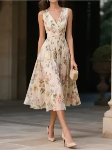 Elegant Ruched Floral Chiffon V-Neck Sleeveless A-Line Slim Fit Midi Dress, Women's Fashionable Summer Dress, Womenswear